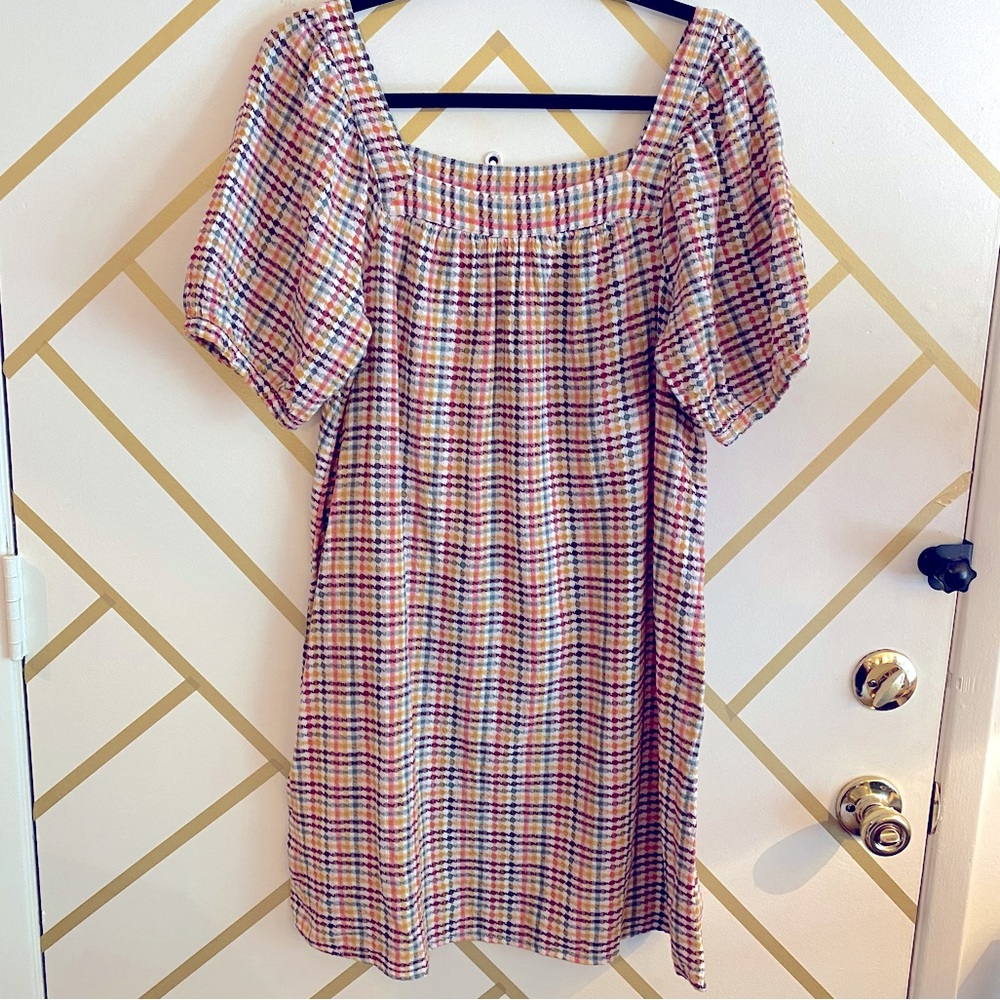 Rainbow Colored Plaid Gingham Puff Sleeve Boho Dress